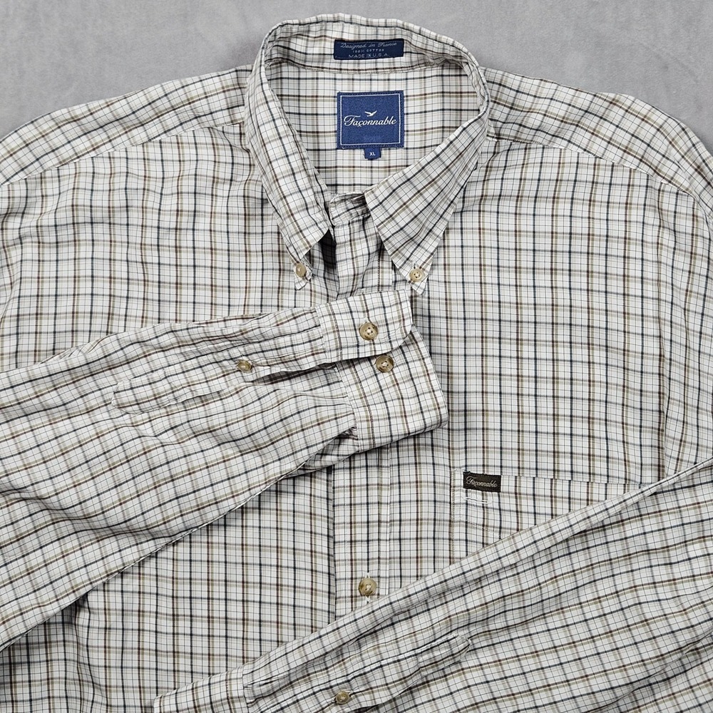 Faconnable Button Down Shirt Mens‎ XL White Plaid Long Sleeve Cotton Made in USA